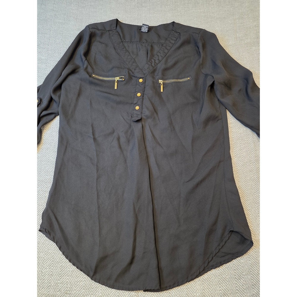 Rue21 Tunic Top Women Large Black Zipper Pockets Roll Tab Sleeve V-Neck Pullover